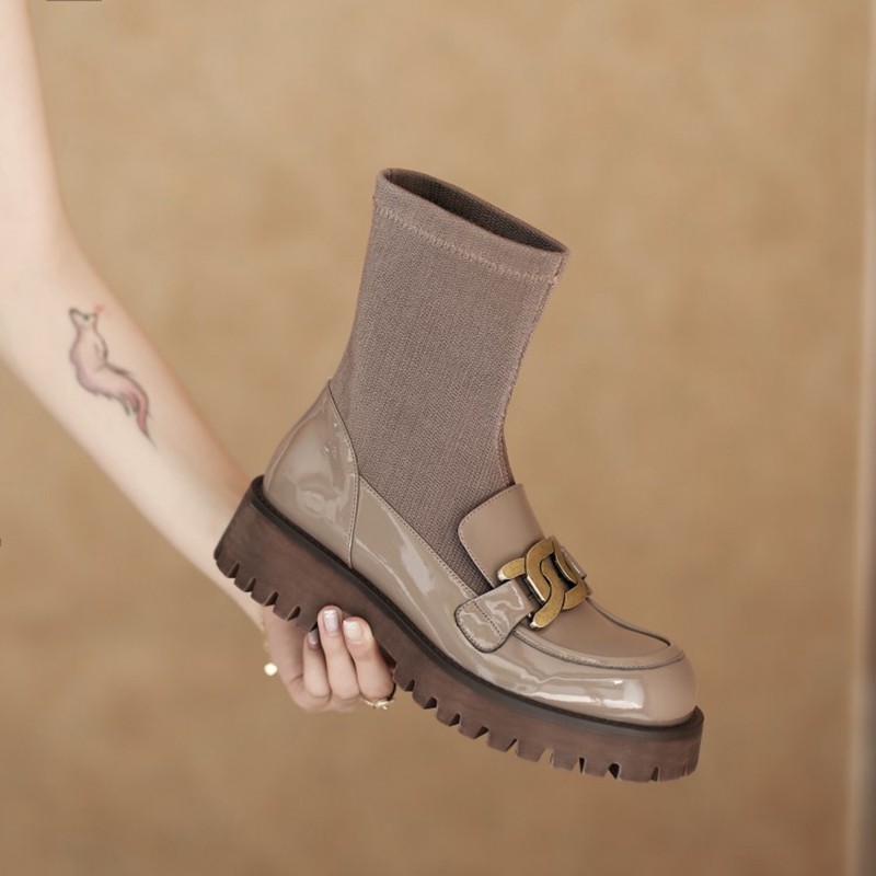 2024 Winter Fashion Genuine Leather Platform Heels Round Toe Solid Fall Shoes Women Stretch Boots e471