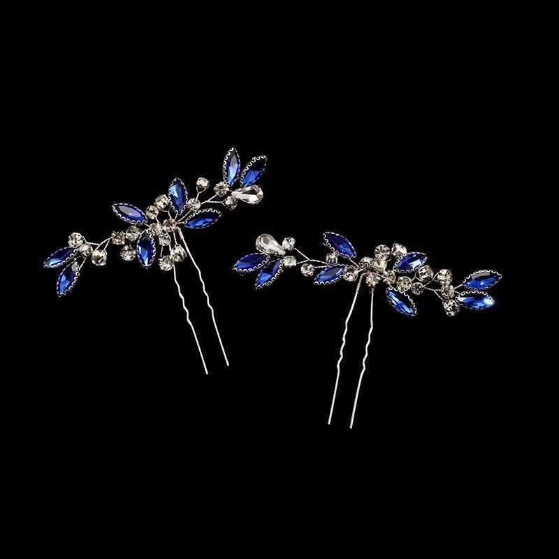 Blue Leaf Hairpin Wedding Hair Accessories For Women U-shaped Crystal Hair Clip Fork 2023 New Bride Hair Jewelry Marrige TiarasX240913