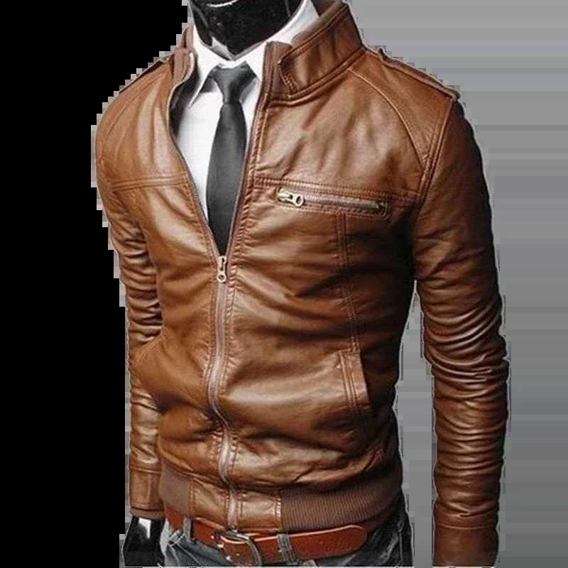 Fashion Mens Motorcycle Leather Jacket Spring and Autumn Stand Collar Zip Aviator Jackets Male Slim PU Synthetic Leather CoatsX240913
