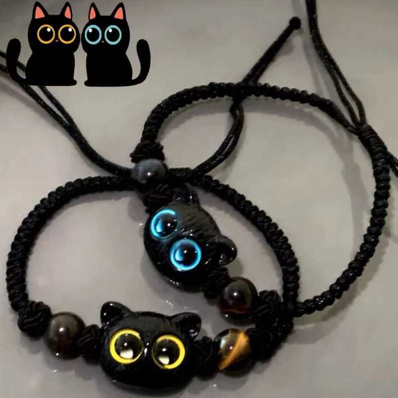 1/2 Cute Natural Stone Black Cat Bracelet Womens Fashion Cartoon Animal Bead Bracelet Handmade Fashion Jewelry Gift W240913