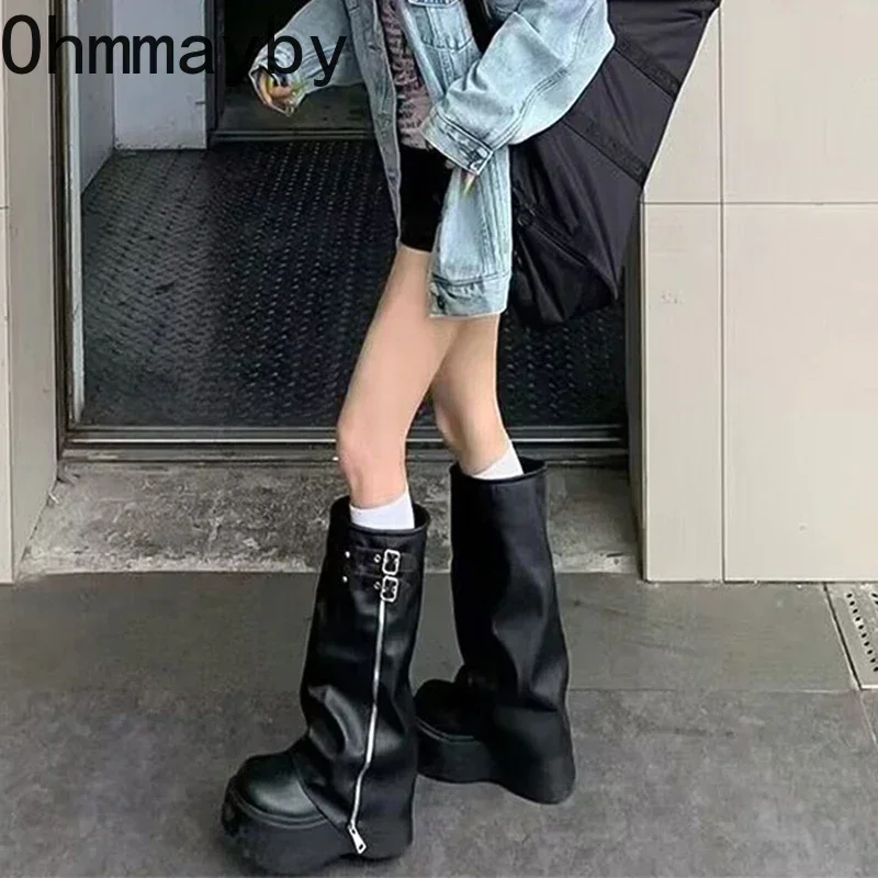 Women Chunky Knee-High Boots Fashion Belt Buckle Platform Heel Trouser Knight Booties Retro Style Female Shoes 8b6b