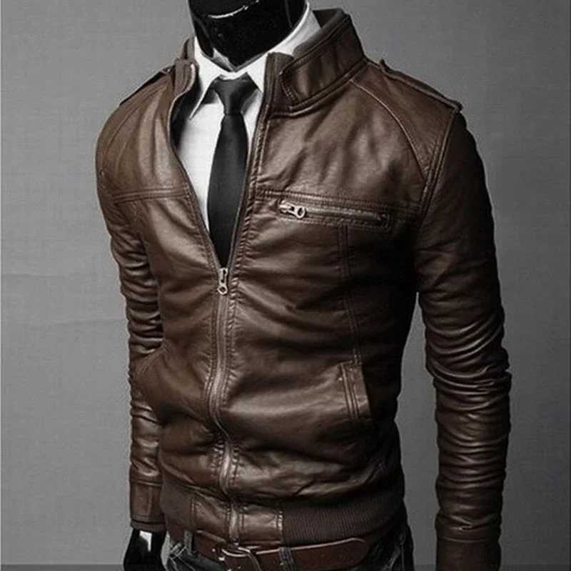 Fashion Mens Motorcycle Leather Jacket Spring and Autumn Stand Collar Zip Aviator Jackets Male Slim PU Synthetic Leather CoatsX240913