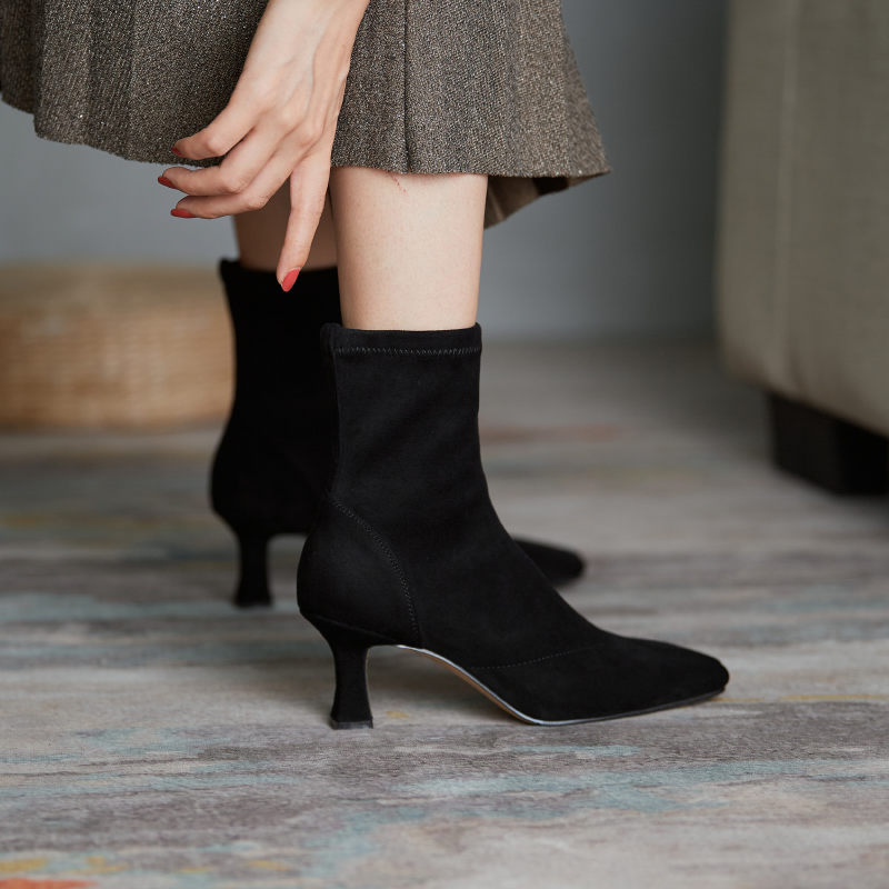 Hot Flock Stretch Boots Winter Slip-On Ankle Boots Fashion Pointed Toe Women Boots Thin Heel Handmade Stretch Fabric Women Shoes