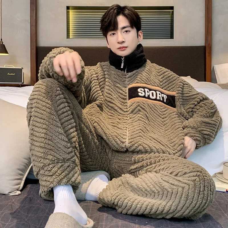 Letter Print Mens Zipper Pajama Sets Coral Fleece Winter Warm Pajamas Male Thick Homewear Stand Collar Thermal Flannel Sleepwear Y240913
