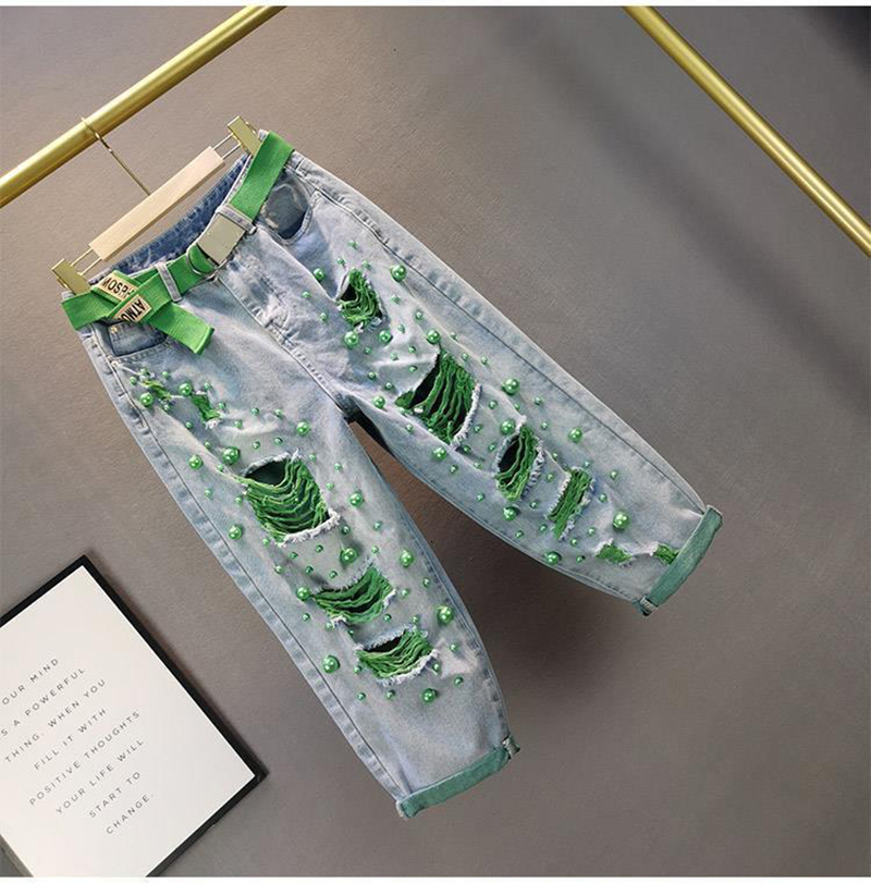 Color Beading Denim Harem Pants Women Summer Green Pearl High Waist Loose Oversized Fashion Trend All-matched Hole Jeans