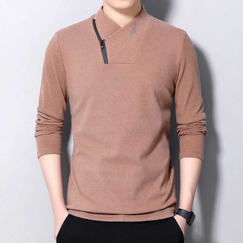 New mens casual suede long sleeved polo shirt fashionable solid polo top W240913
