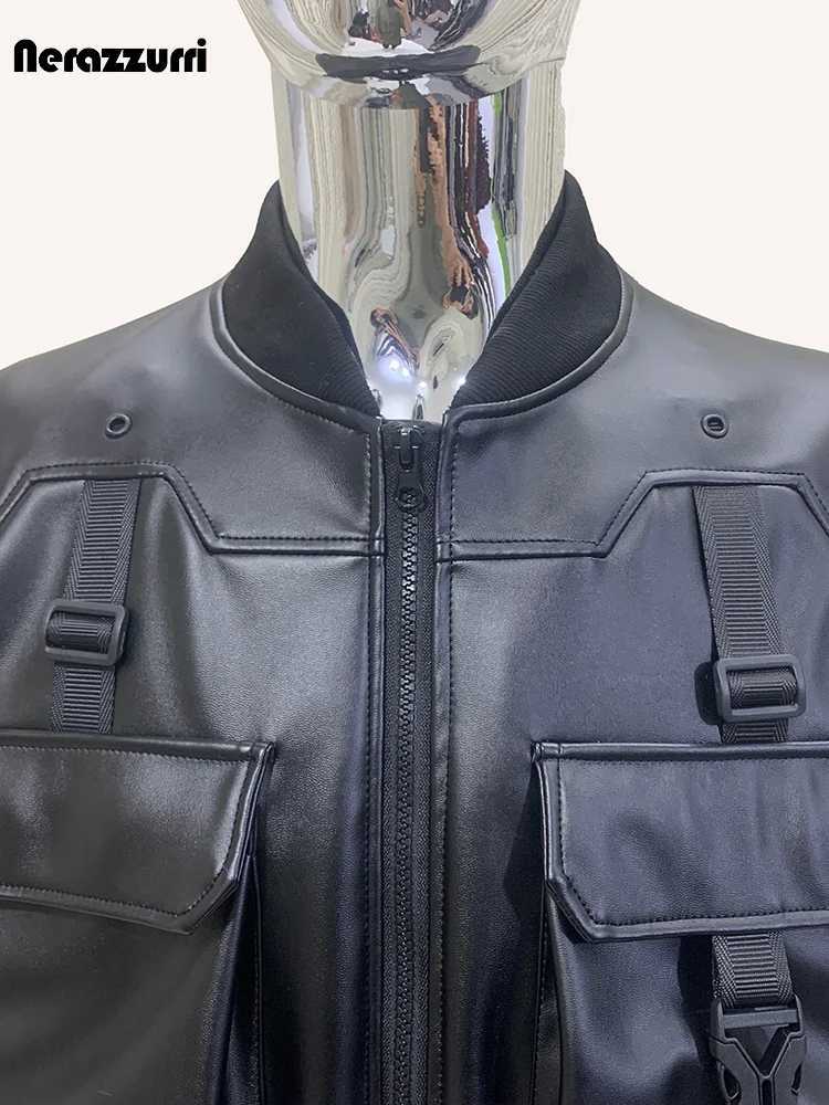 Nerazzurri Autumn Cool Handsome Waterproof Black Pu Leather Cargo Bommer Techwear Jacket Men with Many Pockets European ClothesX240913