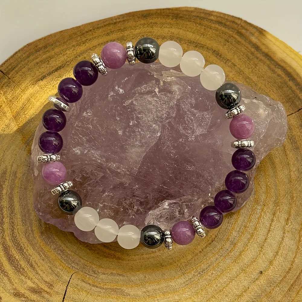 Amethyst and Hematite handmade natural stone bead bracelet for sleep elasticity anti-aging neutral gemstone -1 piece W240913