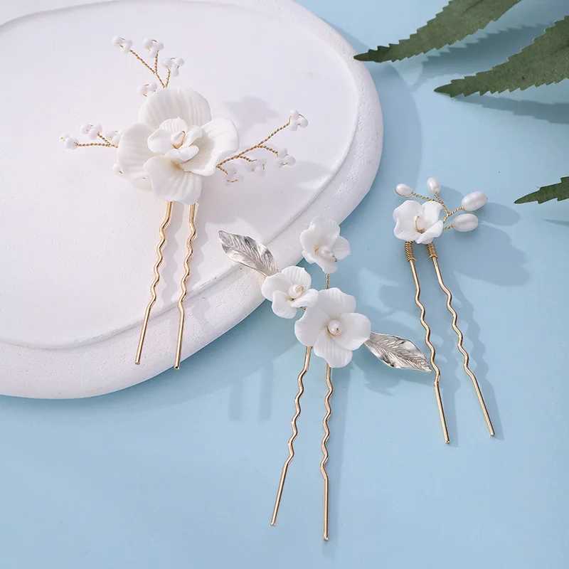 Simple U Shaped Hair Sticks Bride Wedding Headdress White Porcelain Flower Hairpins Hair Clips Bridal Jewelry Fairy HeadpiecesX240913