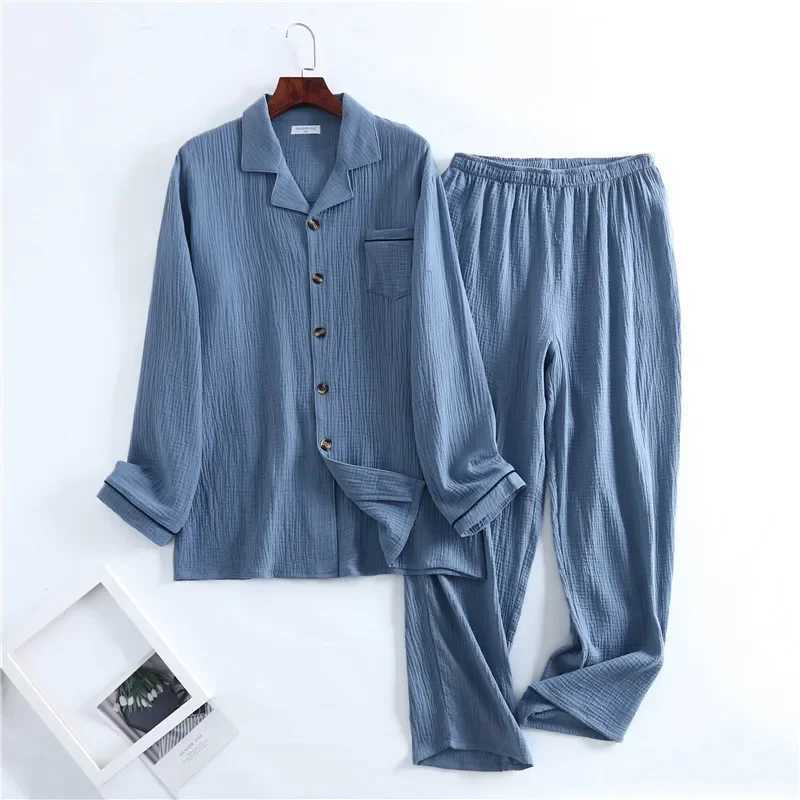 Spring New Products Mens Water Texture Crepe Gauze Suit Collar Pajamas Solid Color Button Home Set Qualities Mens Lounge Wear Y240913