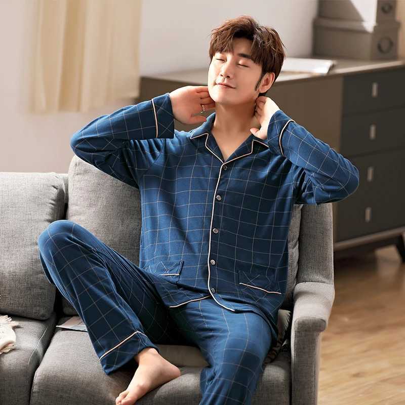 6XL Full Cotton Pijama for Men 2Piece Lounge Sleepwear Pyjamas Plaid Autumn Bedgown Home Clothes Man PJs Pure Cotton Pajamas Set Y240913
