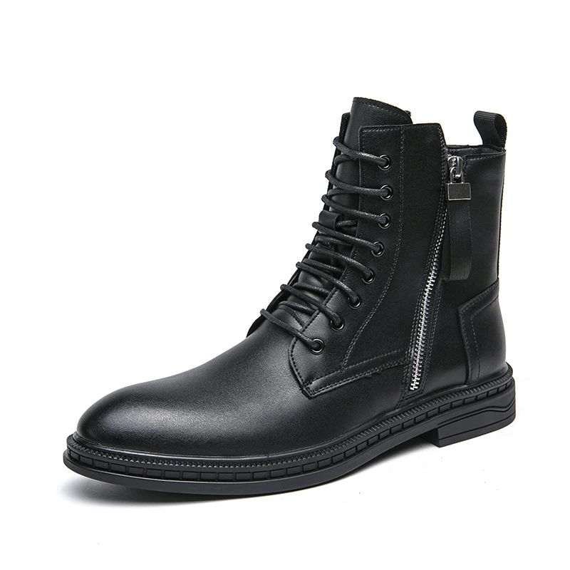 Mens 2024 High Top British Style Thick Bottom Motorcycle Leather Black Laced Denim Round Toe Side Zipper Punk Boots d8cb