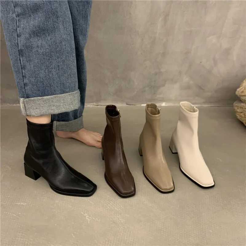 Square Toe Women Ankle Boots Flock Stretch Shoes Thin Mid Heels Black/Brown/Beige Back Zipper Dress Sock Boots Woman Size 35-40 M240912