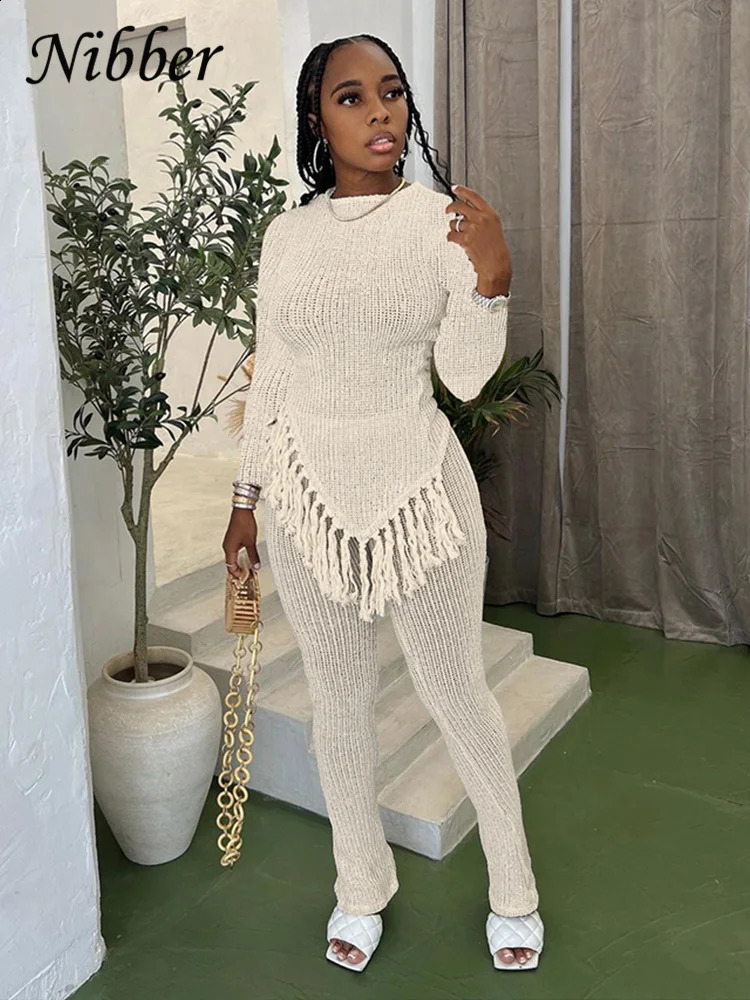 Nibber Autumn Casual Two Piece Set Women Irregular Tassel Chic Top Stretch Flare Pant Female Streetwear Outfits Tracksuit 240910