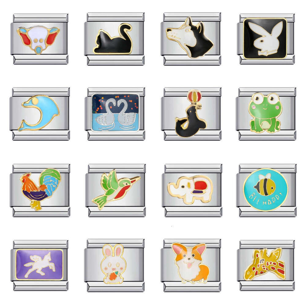 Hot Sell Cute Pet Series Titanium Welding Enamel Cartoon DIY Bead Bracelet Italian Charm Links Stainless Steel Fit 9Mm Jewelry Making Gifts