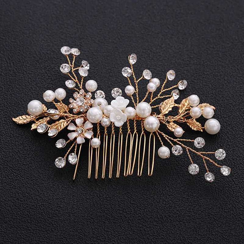Gold Color Leaf Hair Combs Jewelry Rhinestone Pearl Hair Comb Tiaras Women Headpiece Wedding Bridal Hair Jewelry Accessories SLX240913