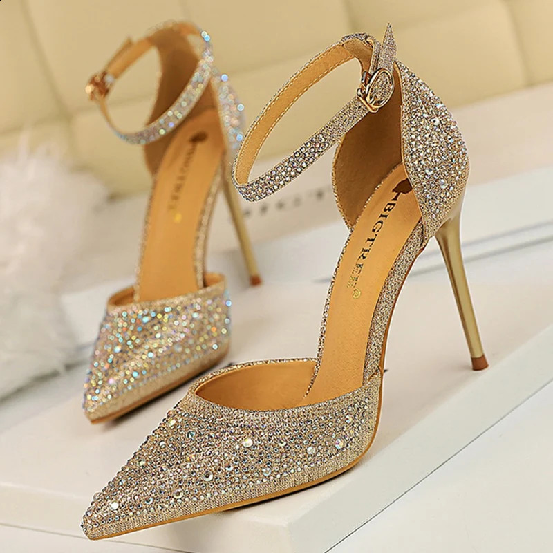 Sexy Women 10cm High Heels Sandals Wedding Glitter Bridal Heels Champagne Gold Pumps Fetish Stiletto Crystal Glitter Strap Shoes 240910