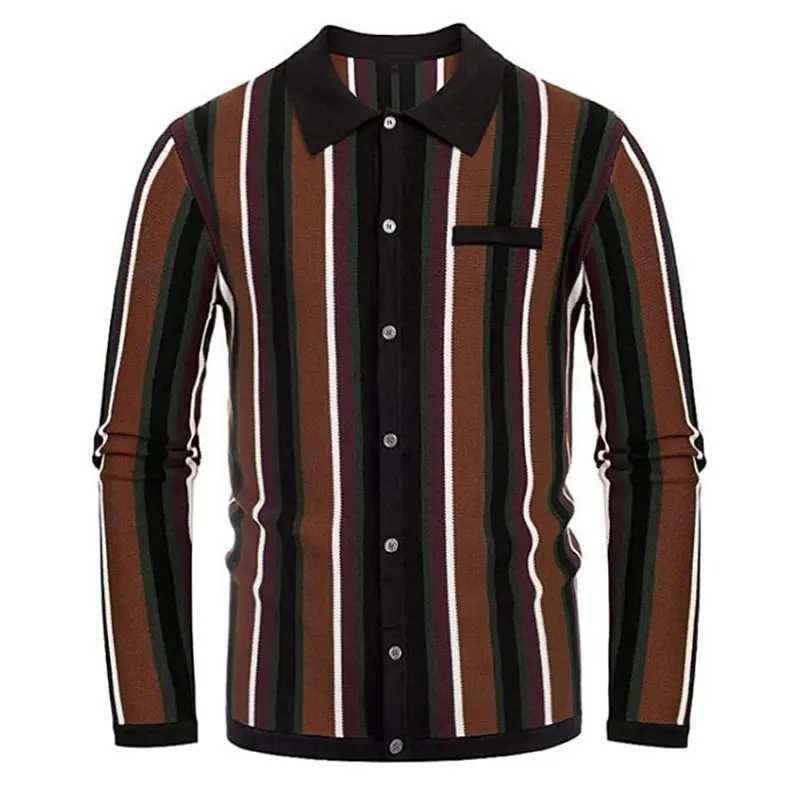 Autumn clothing mens knitted patch work polo shirt street clothing retro elastic button long sleeved casual knitting W240913