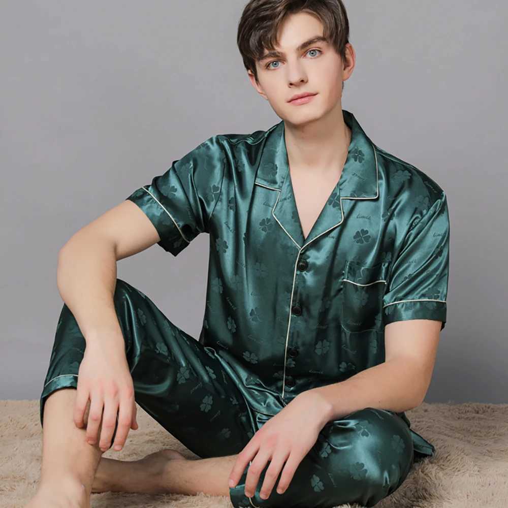 Summer Thin Men Pajama Sets Fashion Print Ice Silk Pajamas Plus Size Mens Sets Casual Sleepwear Pijama+Long Pants Pyjama Sets Y240913