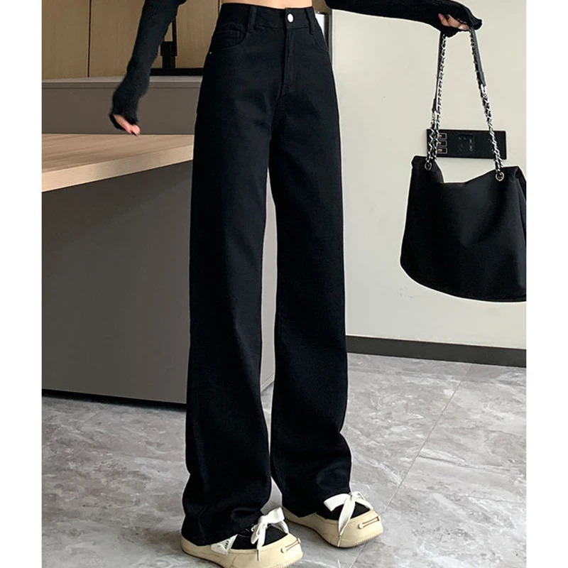 Woman High Waist Slim Fit Wide Jeans Female Y2k 2000s Casual Straight Leg Pants Girls Fashion Black Loose Denim Trouserse2024