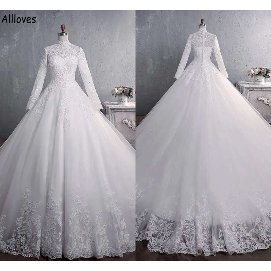 Appliqued Arabic Dubai Lace A E Wedding Dresses With Long Sleeves High Collar Beaded Muslim Bridal Gowns Sweep Train Buttons Back Modern Vestidos De N