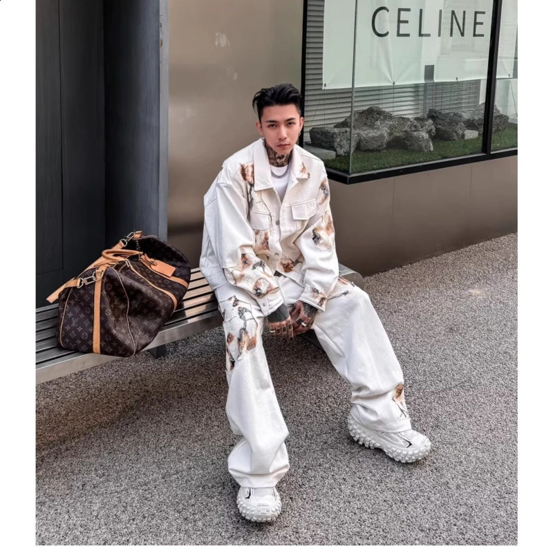 Mens Color Blocked Denim Jacket Spring Y2K American Street Lace Patchwork Loose Cowboy Coats Trend Unisex Outwear 240913