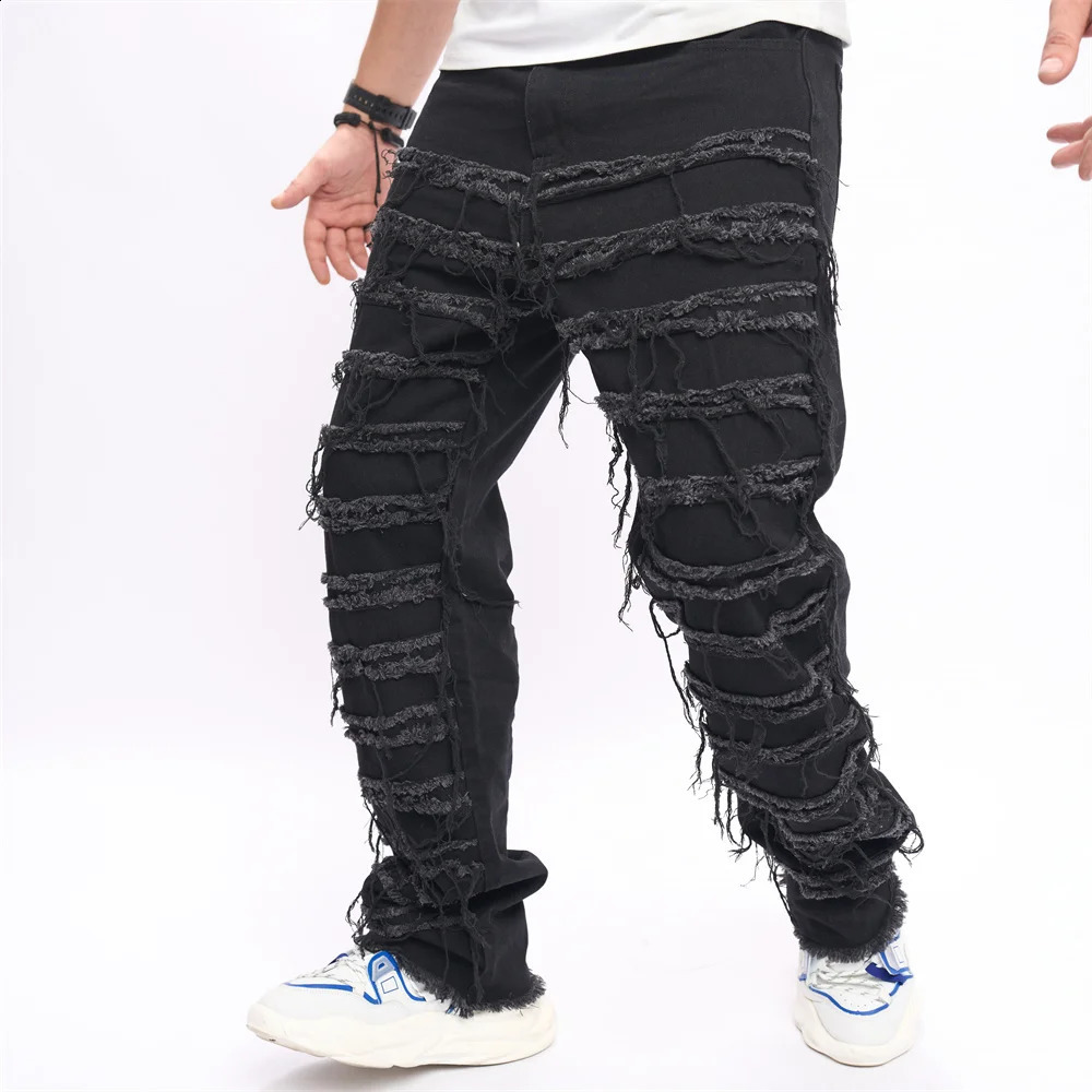 Mens HipHop Stacked Spliced Biker Jeans Stylish Men Street Loose Cotton Solid Male Straight Denim Pants 240912