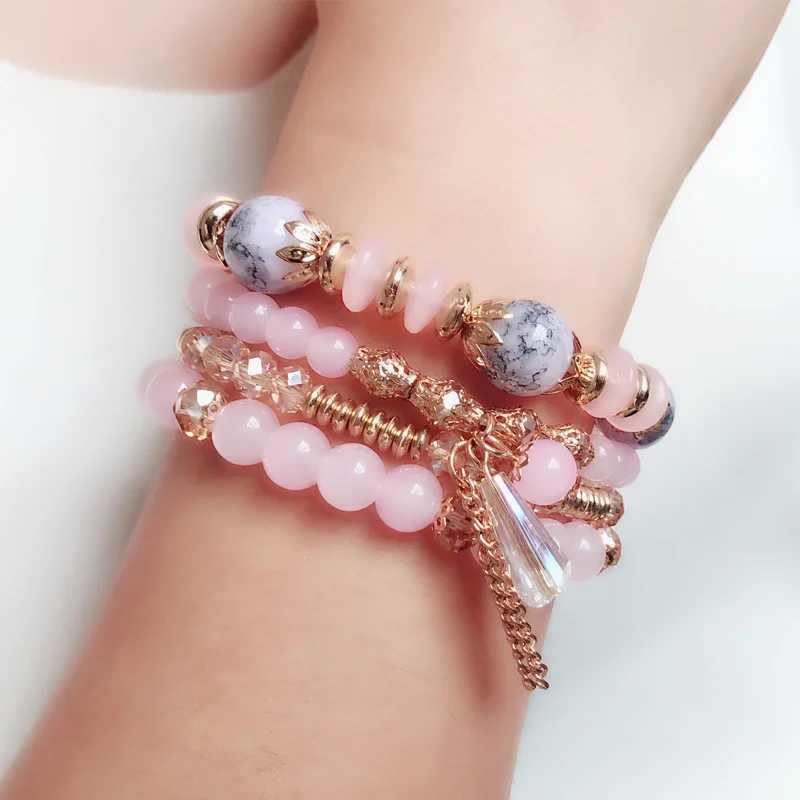 4pcs set of Korean Bohemian multi-color crystal bead bracelet womens ethnic heart-shaped charm bag bracelet Pulseira Feminina W240913