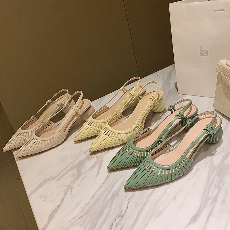 2024 Summer/Spring Pointed Toe Sandals Strappy Med Heels Split Leather Dress for Women Rome Gladiator Shoes 6f81