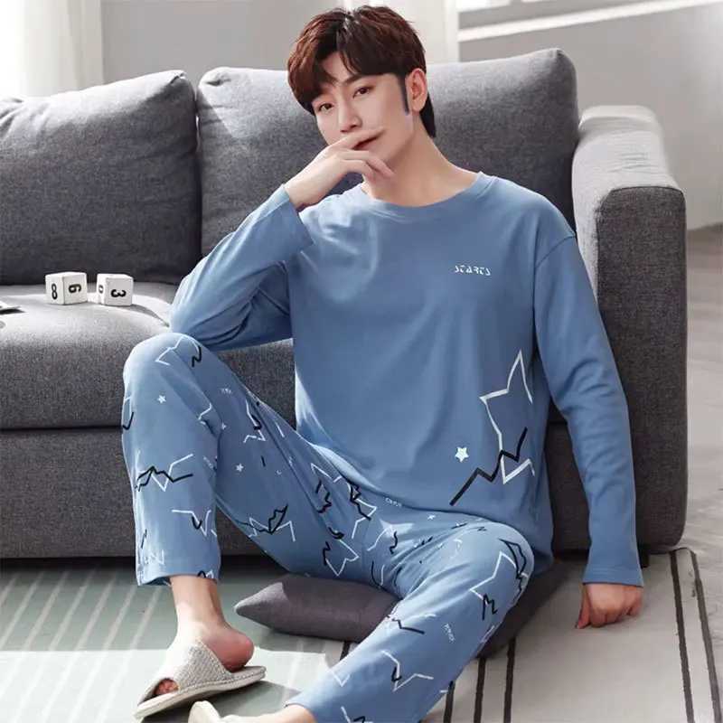Mens Pajamas Two-Piece Mens Spring New Round Neck Long-Sleeved Trousers Refreshing Imitation Cotton Pajamas Homewear Set Y240913