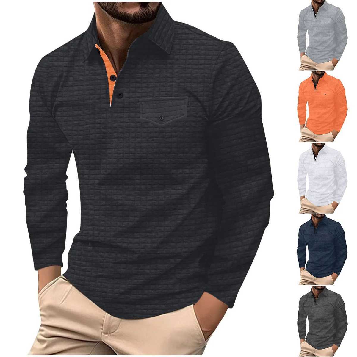 Autumn and winter checkered color contrast long sleeved hat pocket warm mens polo shirt W240913