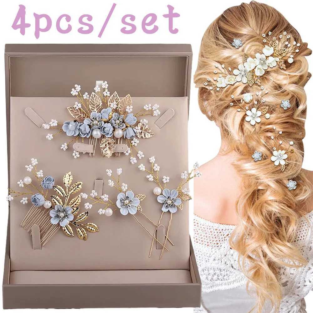 4pcs/set Luxury Pearl Flower Hairpin Side Comb Golden Leaf Shaped Alloy Tiaras Wedding Bride Hair Clips Hair Jewelry HeadwearX240913