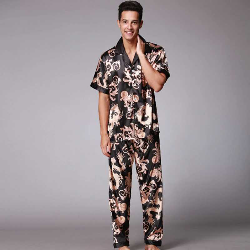 SSH021 Autumn Summer Loungewear Short Sleeves Long Pants Pajama Set Men Printed Satin Silk Pyjamas Male Pajamas Pijama Sleepwear Y240913