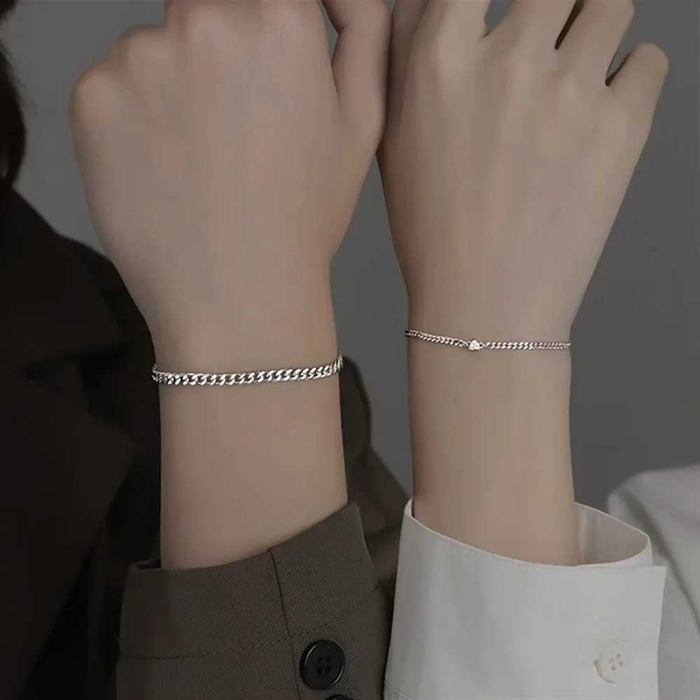 2Pcs 925 Sterling Silver Chain Bracelet Set for Women Men Simple Crystal Heart Adjustable Couple Bracelets Couple Jewelry Gifts XJ250707