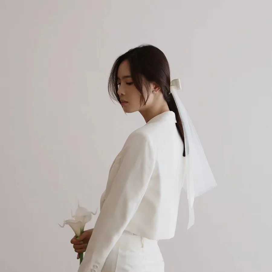 White Veil For Bride Wedding Hair Accessories Bow Pearl Short Bachelorette Party Headpieces Lace Mesh Veil With Hair ClipX240913