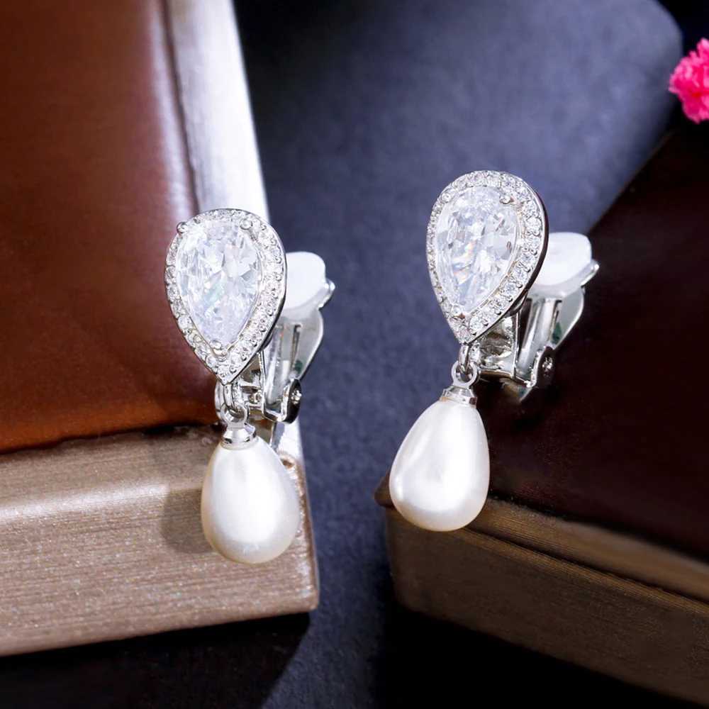 CWWZircons Elegant Design Shiny White Cubic Zircon Dangly Bridal Wedding Party Clip on Pearl Earrings No Piercing Hole CZ496X240913
