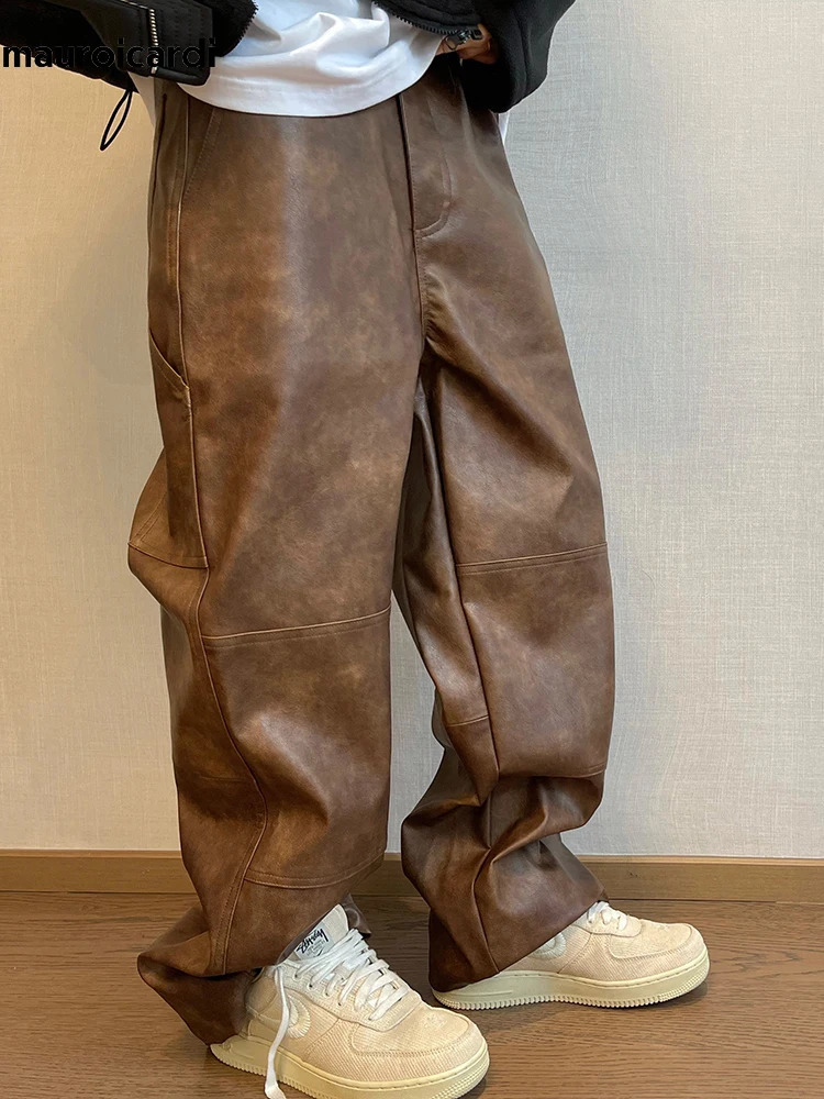 Mauroicardi Autumn Long Retro Cool Baggy Distressed Washed Brown Soft Pu Leather Wide Leg Pants for Men Clothes 240911