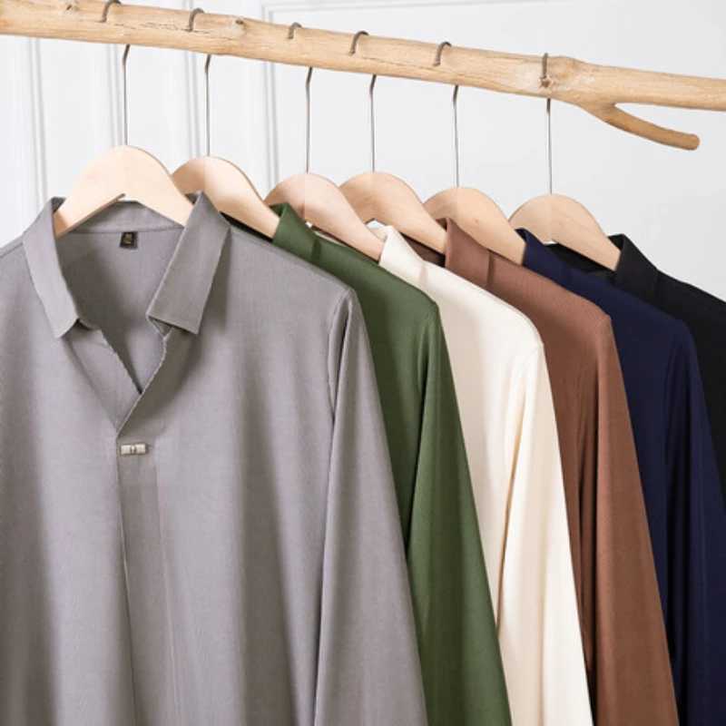 Mens Business Casual Solid Color Long-sleeve Polo Shirt for Autumn and Winter Stretchable. Daily Commute Long V-neck T-shirt.X240912