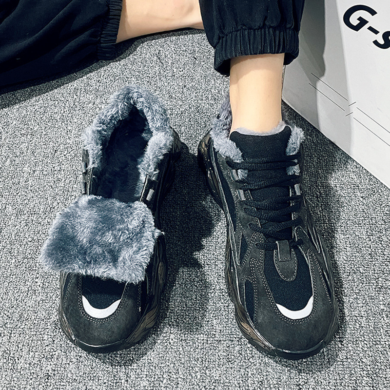 Men's fashionable sports for teenagers to wear outdoors in winter, with plush insulation and cotton shoes. Low cut lace up thick soled dad shoes