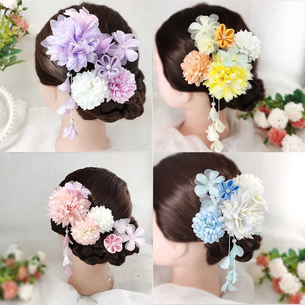 Japanese Handmade Fabric Flower Hair Accessories Clip Tassel Kimono Hairpin Headdress Geisha Barrette Wedding Festvial HairpinsX240913
