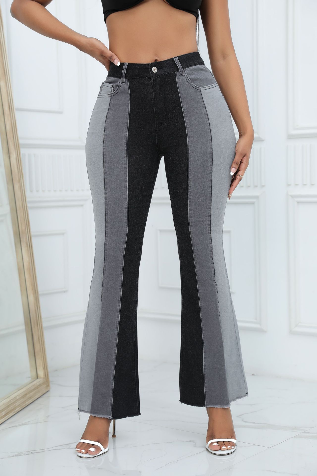 Womens High Waisted Flare Jeans Loose Stretchy Lightweight Tummy Control Trendy Jeans for Women 2024 Patchwork Denim Pants Jeans