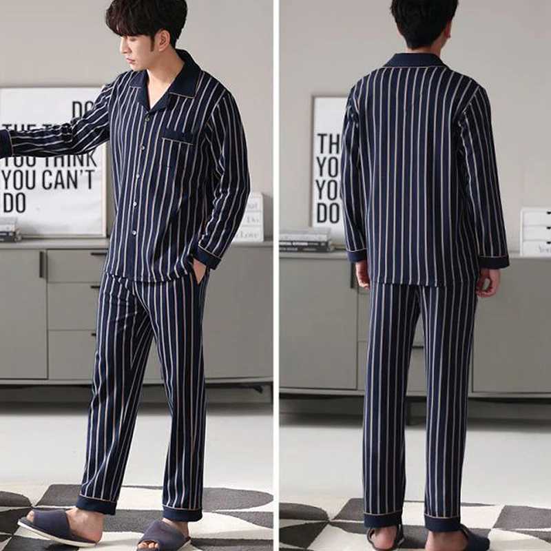 Cotton Plus Size Striped High Quality Pajamas Men Four Seasons Long-Sleeved Lapel Cardigan Homewear Casual Simple Man 2PCS/Set Y240913