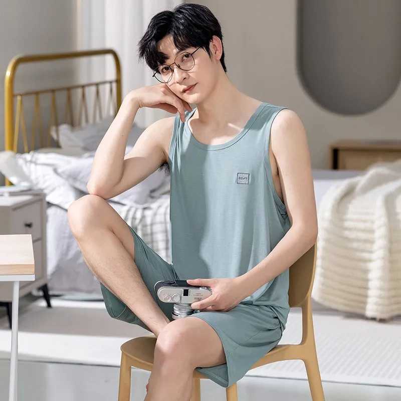 Mens Pajamas Set Summer New O-neck Shorts Knitted Cotton Pijamas Leisure Loungewear Casual Man Sleepwear Sleeveless Nightwear Y240913