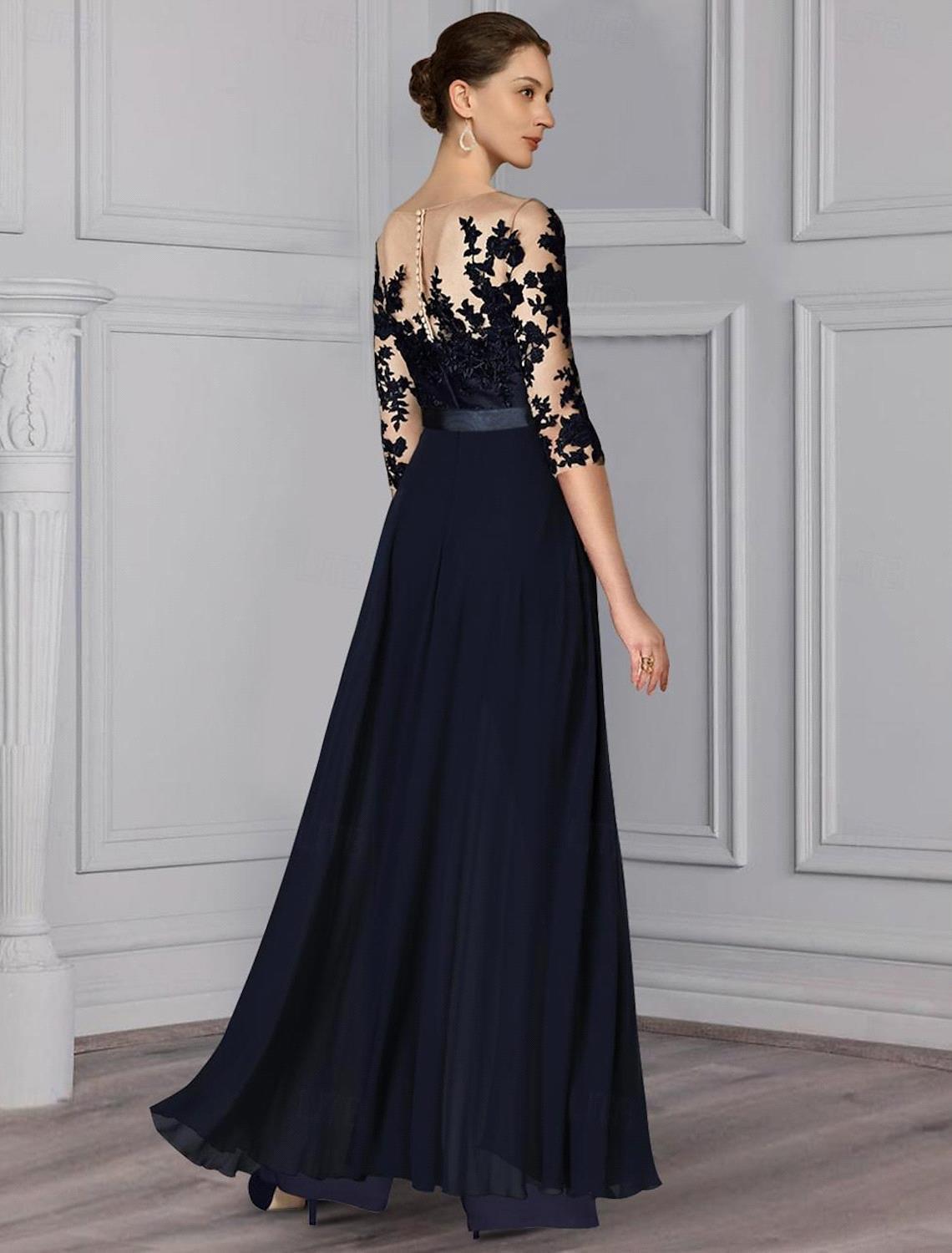 Elegant Jumpsuits Mother Of The Bride Dresses Sheer Long Sleeves Lace Applique Chiffon Evening Party Gowns Pantsuits Plus Size Guest Mother's Dre