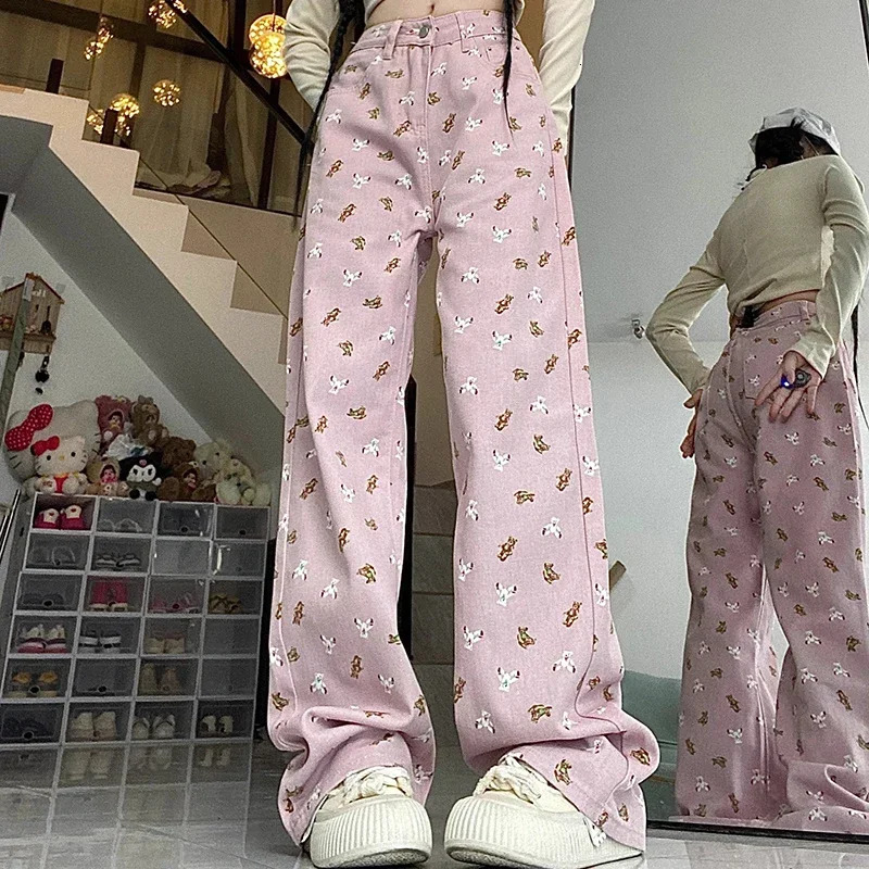 2024 Woman High Waist Korean Sweet Wide Leg Jeans Lady Y2k Casual Cutecore Pants Female Fashion Kawaii Pink White Denim Trousers