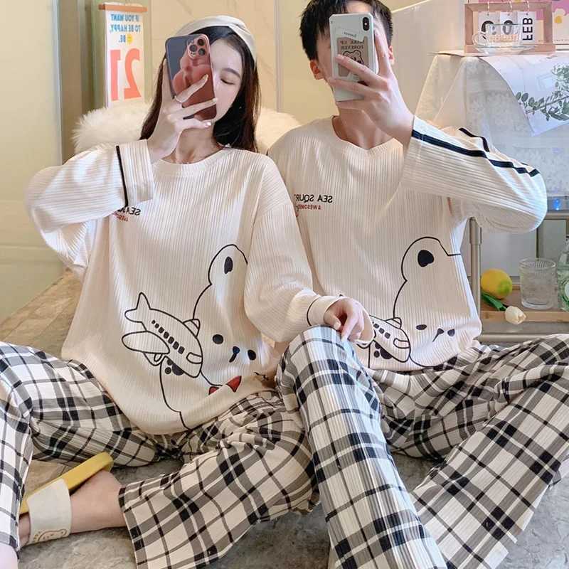 2024 Cartoon Sleepwear Cotton Pajamas Couple Long Sleeves Pyjamas Suit Pijama Women or Men Loungewear Dinosaur Pjs Home Clothes Y240913