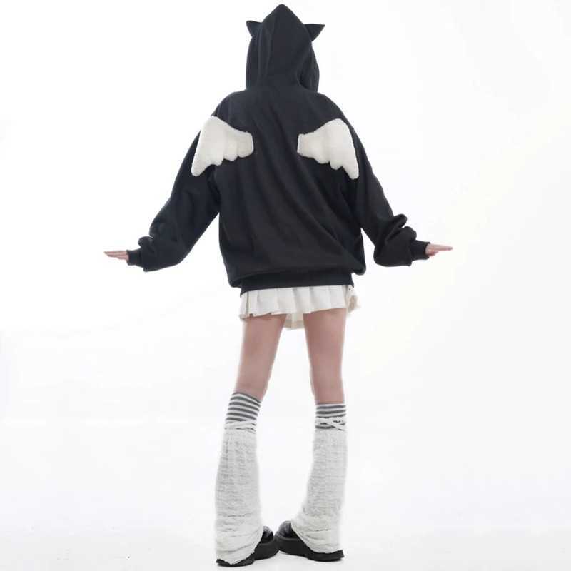 Autumn Kawaii Hoodies Women Cat Ears Hooded Sweatshirts Young Girls Y2K Plush Angel Wing Zip-Up Hoody Halloween Party Clothes M240912 - view 7