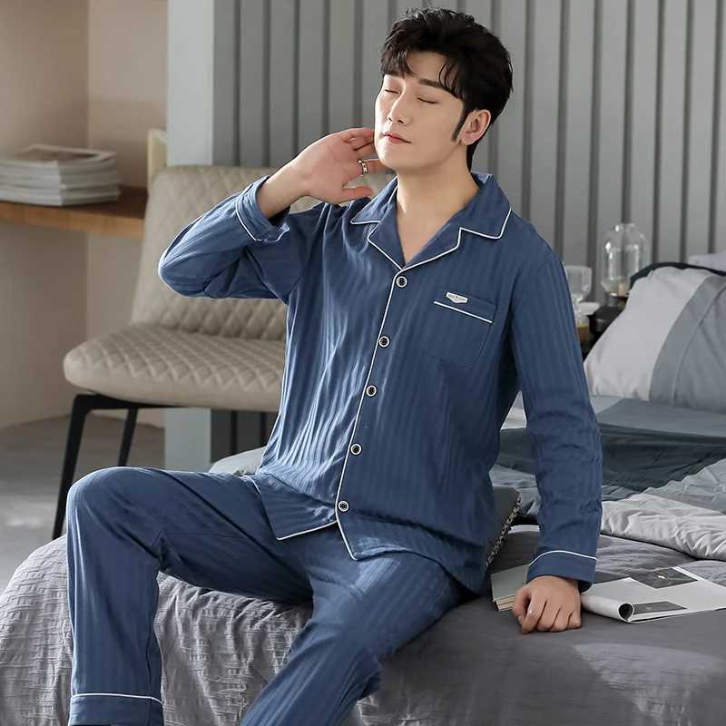 Blue Men Pajamas Set Long Sleeves Long Pants Autumn Winter Simple Sleepwear Casual Pijamas Male Pyjamas Soft Nighty Cozy Pjs Boy Y240913
