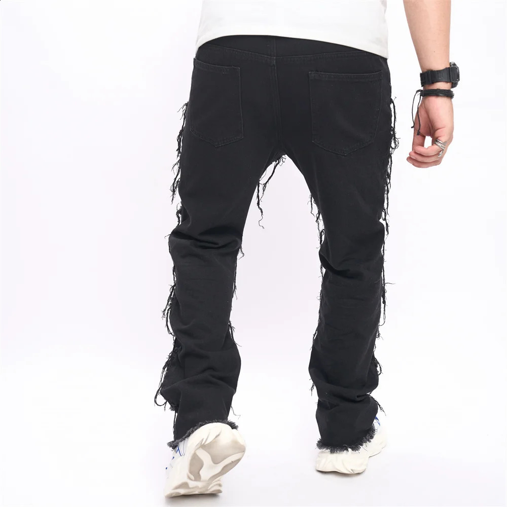 Mens HipHop Stacked Spliced Biker Jeans Stylish Men Street Loose Cotton Solid Male Straight Denim Pants 240912