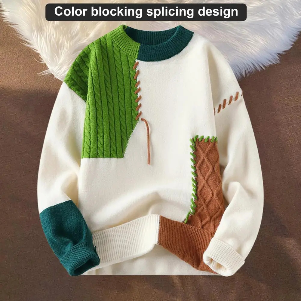Men Color-blocked Sweater Mens Color Block Knit Sweater with Round Neck Loose Fit Thick Warm Pullover for Casual or Work Wear 240905